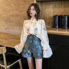 Flower Embroidered Puff-sleeve Blouse / Printed High-waist Shorts