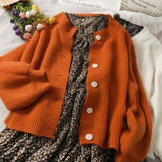 Set: Crew-neck Knit Cardigan + Floral Midi Dress