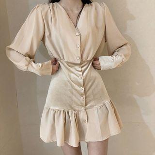 Long-sleeve V-neck Mini A-line Shirtdress