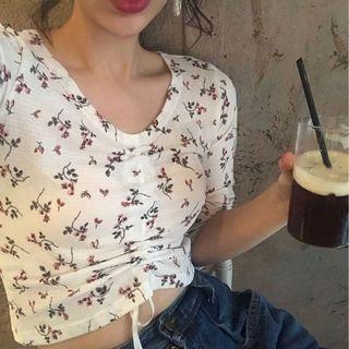 Elbow-sleeve Floral Drawstring Cropped T-shirt