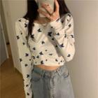 Long-sleeve Butterfly Print Cropped Top As Shown In Figure - One Size