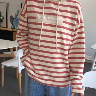 Lettering Striped Long-sleeve Hooded T-shirt