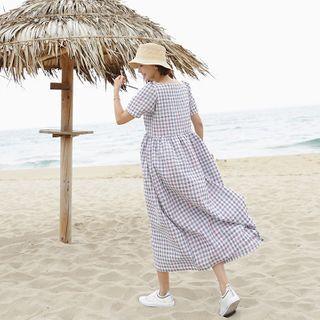 Square-neck Maxi Check Dress