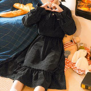 Tie-neck Long-sleeve Dotted Dress