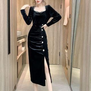 Long-sleeve Square Neck Slit Sheath Velvet Dress