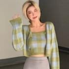 Set: Two-tone Plaid Camisole Top + Cropped Cardigan Set - Camisole Top - Blue & Green - One Size / Cardigan - Blue & Green - One Size