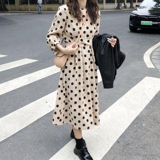Faux Leather Jacket / Dotted Long-sleeve Midi A-line Dress / T-shirt Dress