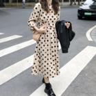 Faux Leather Jacket / Dotted Long-sleeve Midi A-line Dress / T-shirt Dress