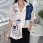Elbow-sleeve Graphic Print Shirt White - One Size