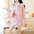 Set: Beaded Button Jacket + Mini Skirt / Beaded Jacket + Skirt + Ruffle Chiffon Blouse
