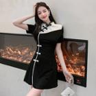 Set: Short-sleeve Frog Buttoned Two-tone A-line Dress + Shorts