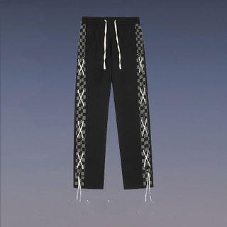 Checkerboard Panel Lace-up Straight Leg Pants