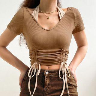 Short-sleeve Halter Neck Drawstring Top