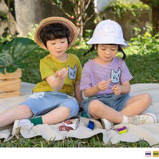 Cat Applique Short Sleeve Striped T-shirt