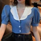 Puff-sleeve Vintage Peter-pan Collar Blouse Blue - One Size