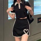 Short-sleeve Polo Shirt / Striped-side A-line Skirt