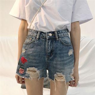 Rose Embroidered Ripped Denim Shorts