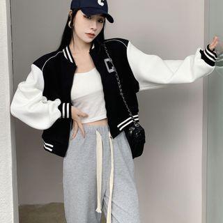 Lettering Embroidered Color Panel Jacket / Oversize Plain Pants