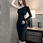 Off-shoulder Plain Slim Dress Black - One Size
