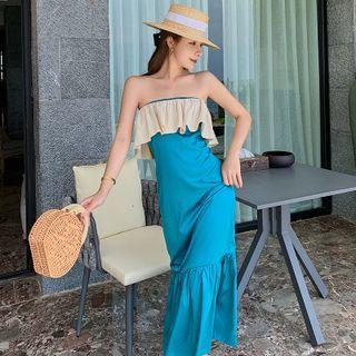 Strapless Two-tone Panel Midi A-line Dress