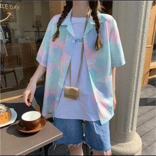 Short-sleeve Tie Dye Shirt Light Blue - One Size