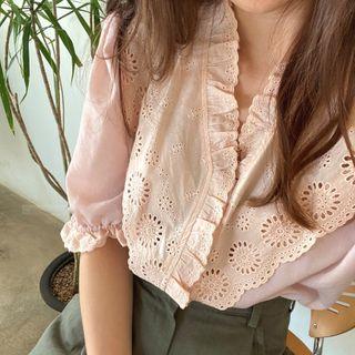 Puff-sleeve Crochet Frill Trim Blouse