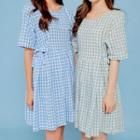 Short-sleeve Tie-waist Gingham A-line Dress