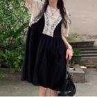 Mock Two-piece Puff-sleeve Lace Trim Dress Black & White - One Size