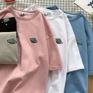 Couple Matching Elbow-sleeve Planet Embroidered T-shirt
