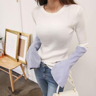 Stripe-sleeve Slim-fit Ribbed Top