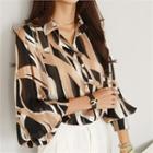 Balloon-sleeve Patterned Sheer Blouse Black - One Size