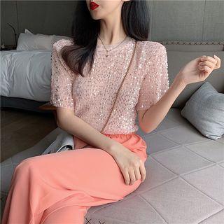 Short-sleeve Sequined Top Top - One Size