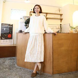 Band-waist Lace-trim Velvet Skirt