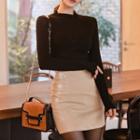 Set: Long-sleeve Top + Faux Leather Mini Pencil Skirt