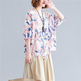 Elbow-sleeve Pattern Top / Wide-leg Pants