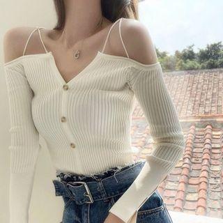 Long-sleeve V-neck Spaghetti Strap Knit Top