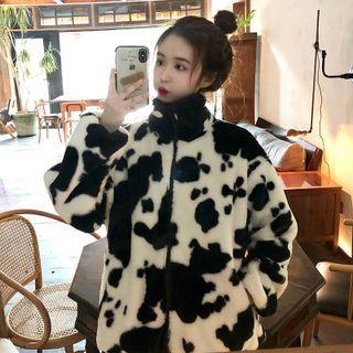 Cow Print Fluffy Zip Jacket