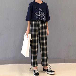 Elbow-sleeve Print T-shirt / Straight-fit Plaid Pants