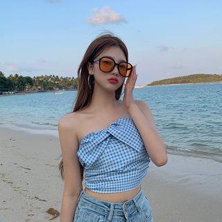 Plaid Bow Tube Top Blue - One Size