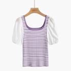 Puff-sleeve Striped Knit Top Stripes - Purple - One Size
