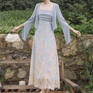 Set: Spaghetti Strap Lace Midi A-line Dress + Open-front Jacket