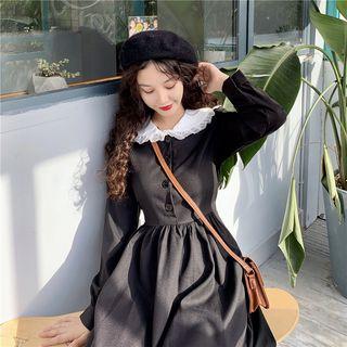 Lace Trim Long-sleeve Midi A-line Dress 1 Pc - Dress - Black - One Size