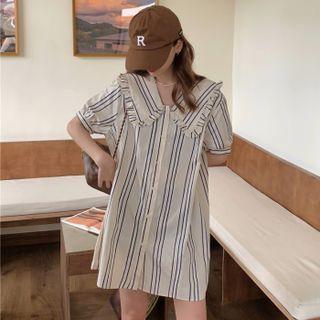 Short Sleeve Doll-collar Ruffle Trim Striped Shirtdress