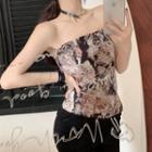 Strapless Cat Print Top Gray & Coffee - One Size