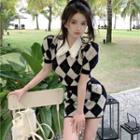Short-sleeve Argyle Print Polo Knit Top / Knit Skirt