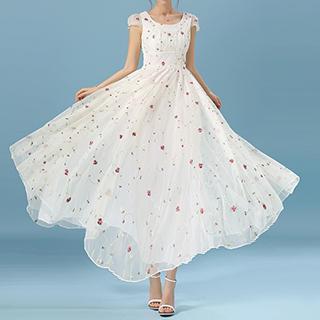 Short-sleeve Floral Embroidered Mesh Maxi Dress