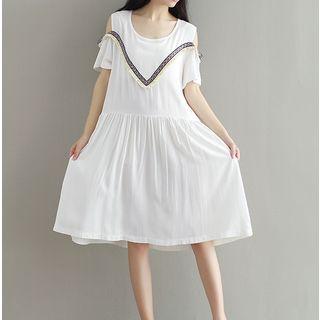 Embroidered Fringed Cut Out Shoulder Short Sleeve Dress