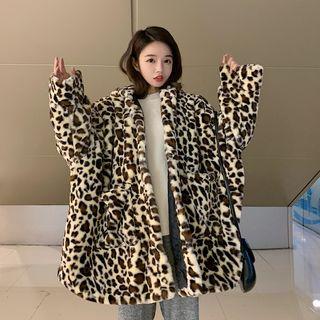 Leopard Print Oversized Bear Ear Fleece Hoodie
