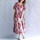 Short-sleeve Floral Linen Midi Dress