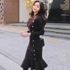 Long-sleeve Button-detail Mermaid Knit Dress